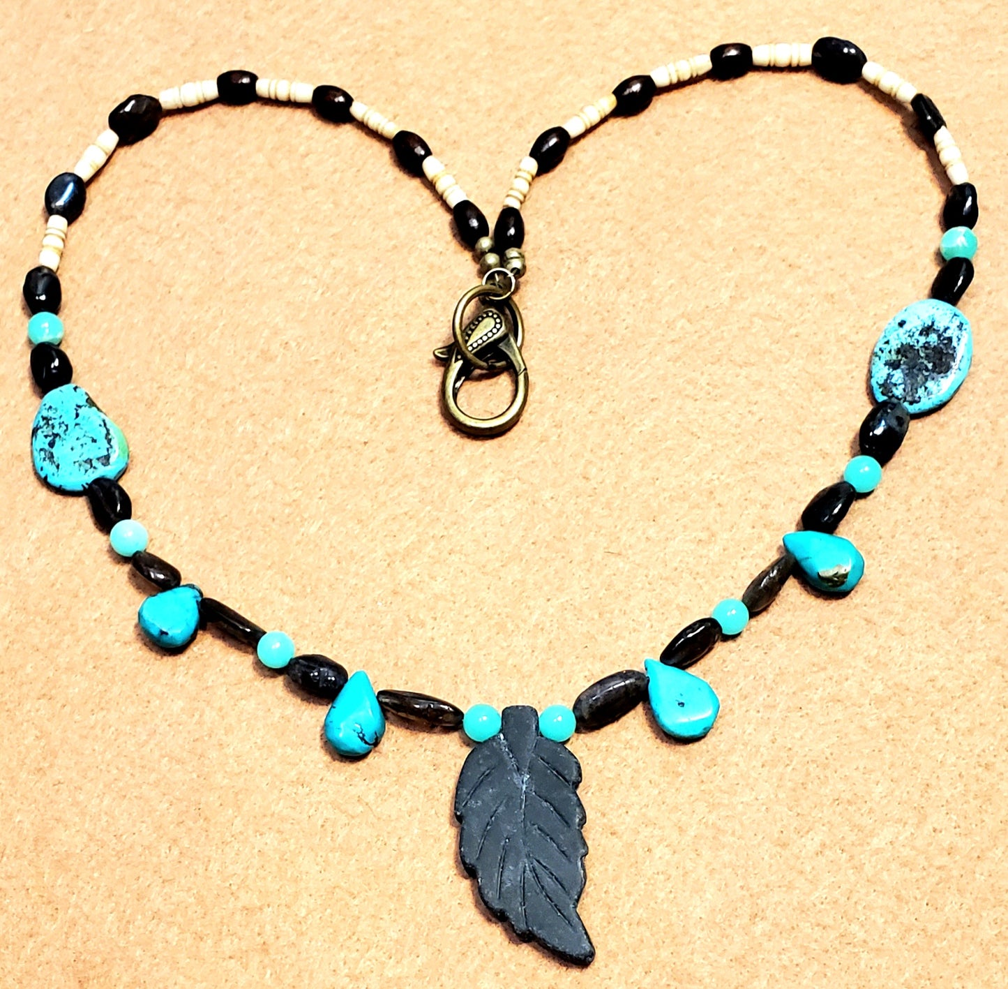 Agate Leaf Pendant: Labradorite, Opal, Turquoise & Bone