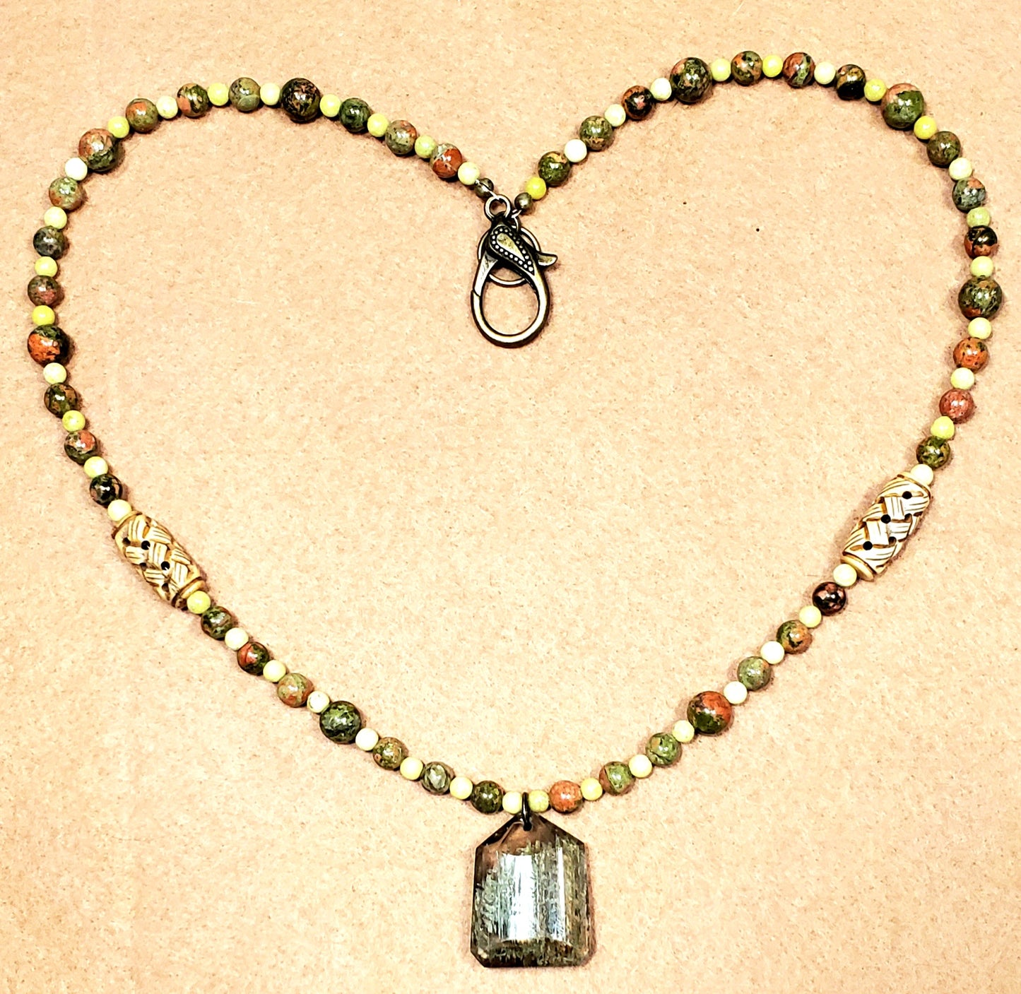 Rutilated Quarts Pendant: Yellow Turquois, Unakite & Bone