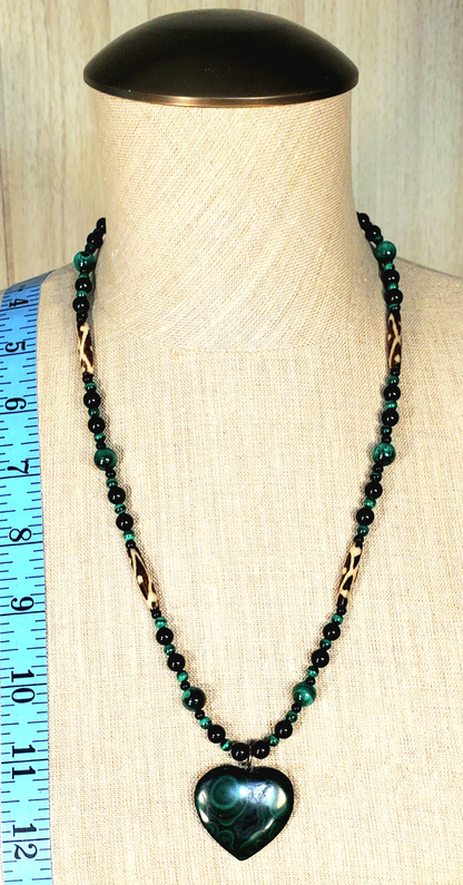 Malachite Heart Pendant:  Black Tourmaline & Bone
