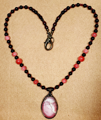 Rhodochrosite Cabochon:  Black Tourmaline, Rose Quarts & Carnelian