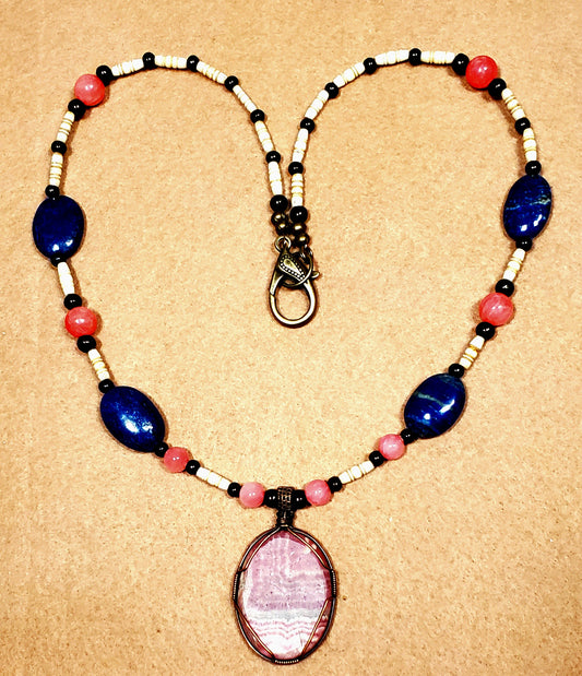 Rhodochrosite Cabochon:  Rose Quarts, Lapis & Bone