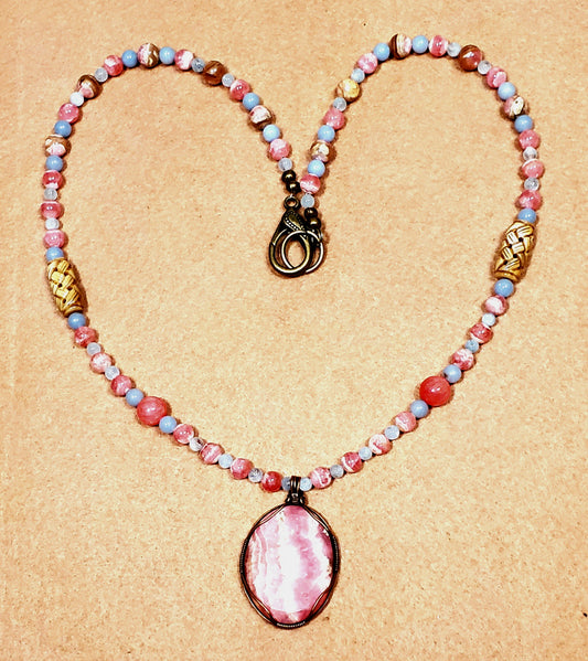 Rhodochrosite Cabochon: Aquamarine, Angelite, Rhodonite & Bone