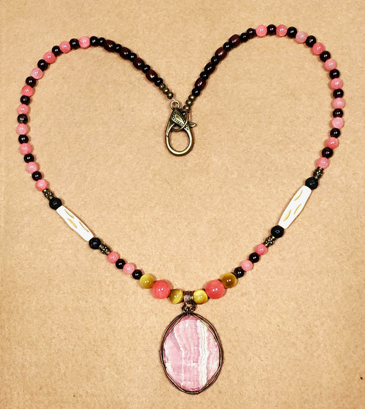 Rhodochrosite Cabochon: Yellow Tiger Eye, Rose Quarts, Garnet, Lava & Bone