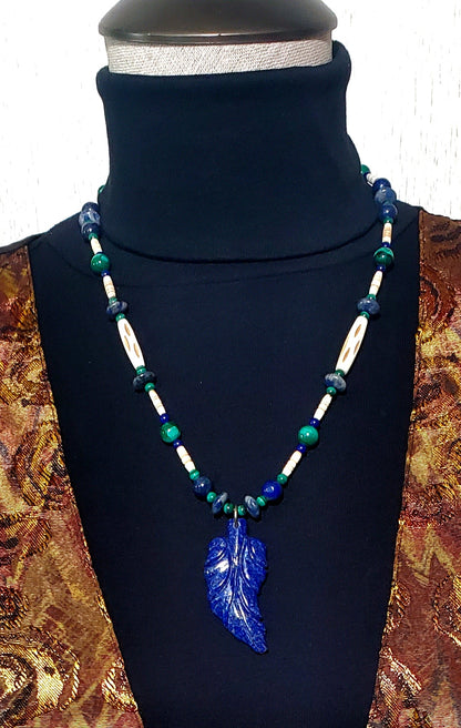 Lapis Leaf Pendant: Malachite, Sodalite, Blue Tiger Eye & Bone