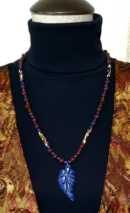 Lapis Leaf Pendant: Bone, Red Jasper  & Red Tiger Eye