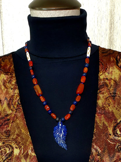 Lapis Leaf Pendant: Carnelian, Azurite & Bone