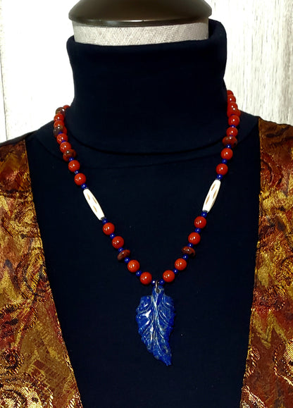 Lapis Leaf Pendant: Red Tiger Eye, Red Jasper, Azurite & Bone