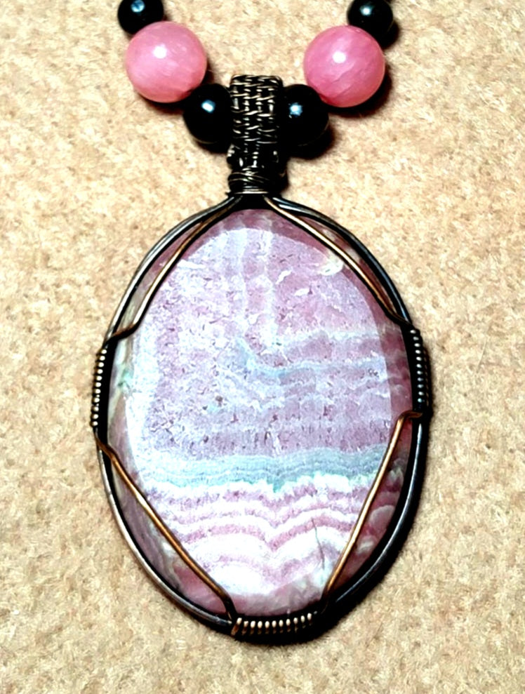 Rhodochrosite Cabochon:  Rose Quarts, Lapis & Bone