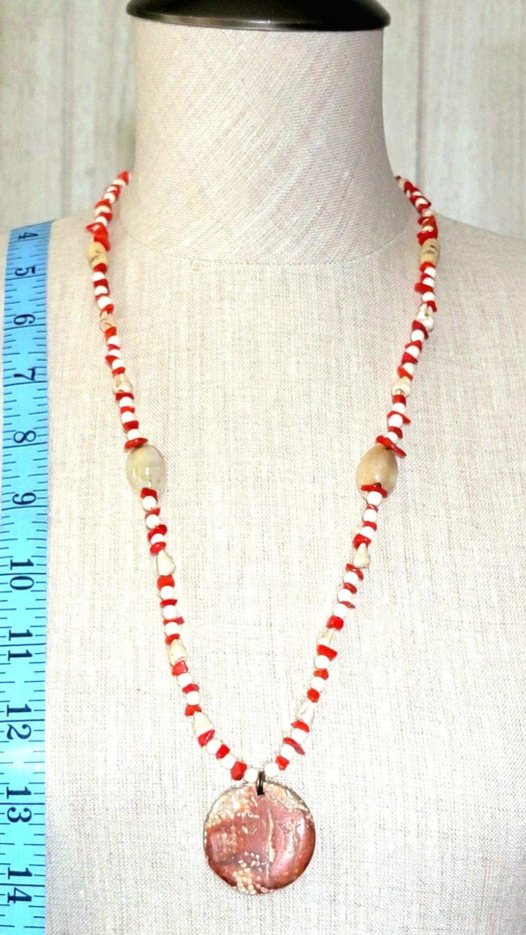 Mother of Pearl Button Pendant: Skull Bone, Coral & Shell.
