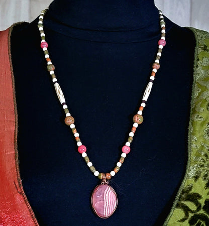 Rhodochrosite Cabochon: Unikite, Rose Quartz, Garnet & Bone