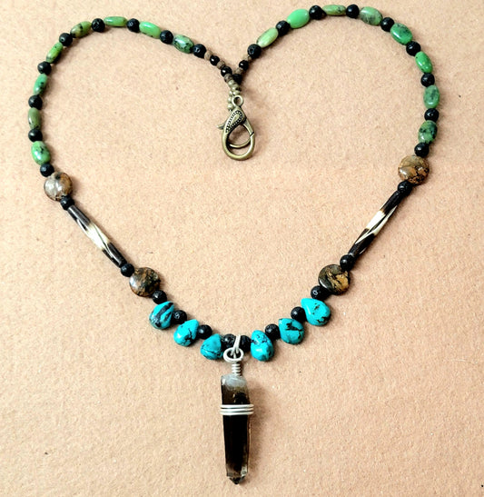 Smokey Quarts Point:  Turquoise, Chrysoprase, Opal, Bone & Lava