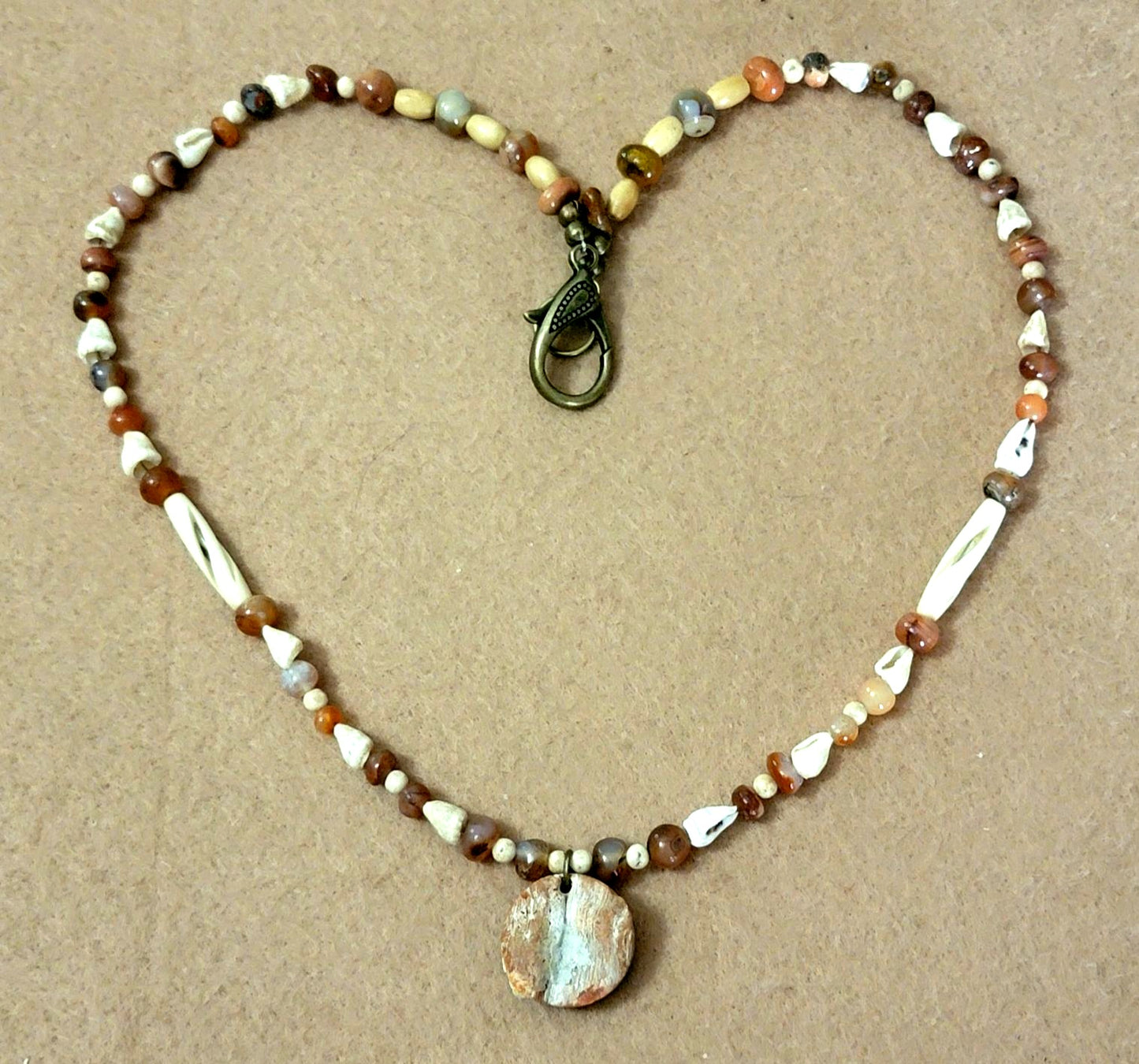 Mother of Pearl Button Pendant:  Agate, Bone, Shell & Seed