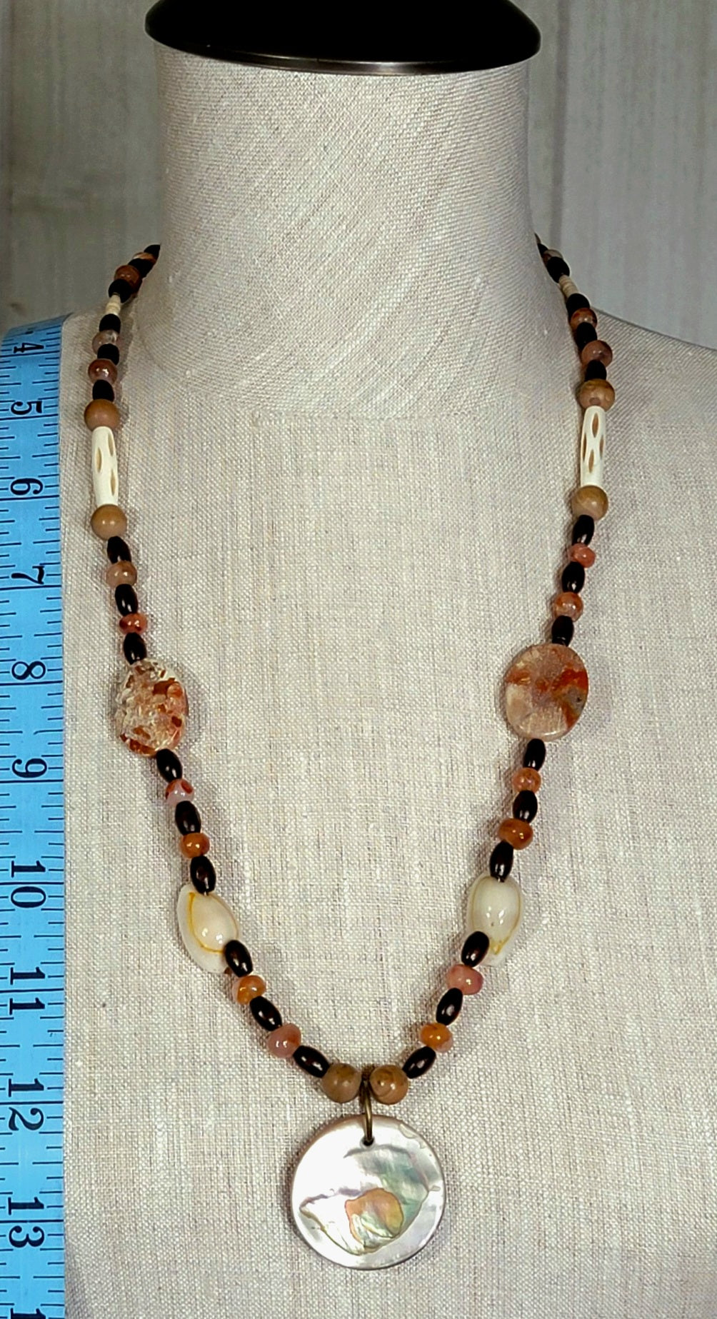 Mother Of Pearl Button Pendant:  Carnelian, Cappuccino Jasper, Bone & Shell