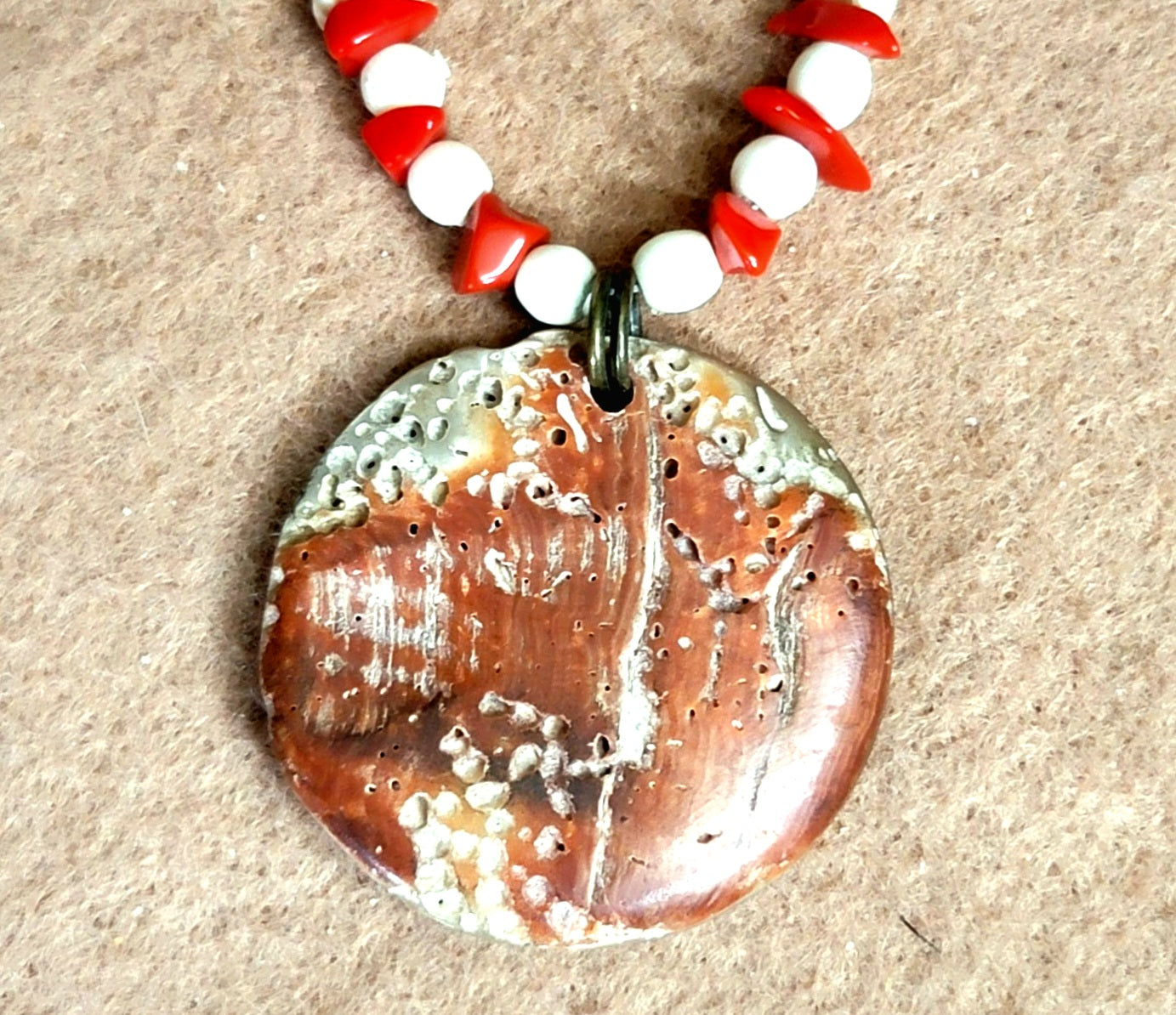 Mother of Pearl Button Pendant: Skull Bone, Coral & Shell.