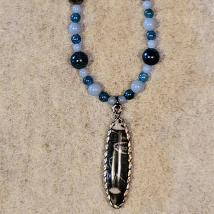 Unique Fossil Coral pendant from Baja CA with Angelite, Apatite and Pyrite beads