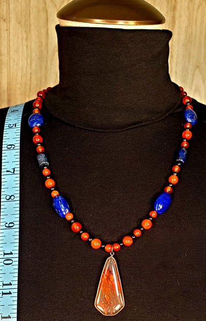 Fire Agate Pendant:  Lapis, Carnelian & Lava