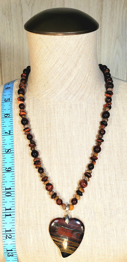Petrified Heart Pendant:  Red Tiger Eye & Agate