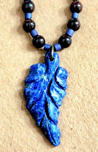 Lapis Leaf Pendant: Bone, Red Jasper  & Red Tiger Eye