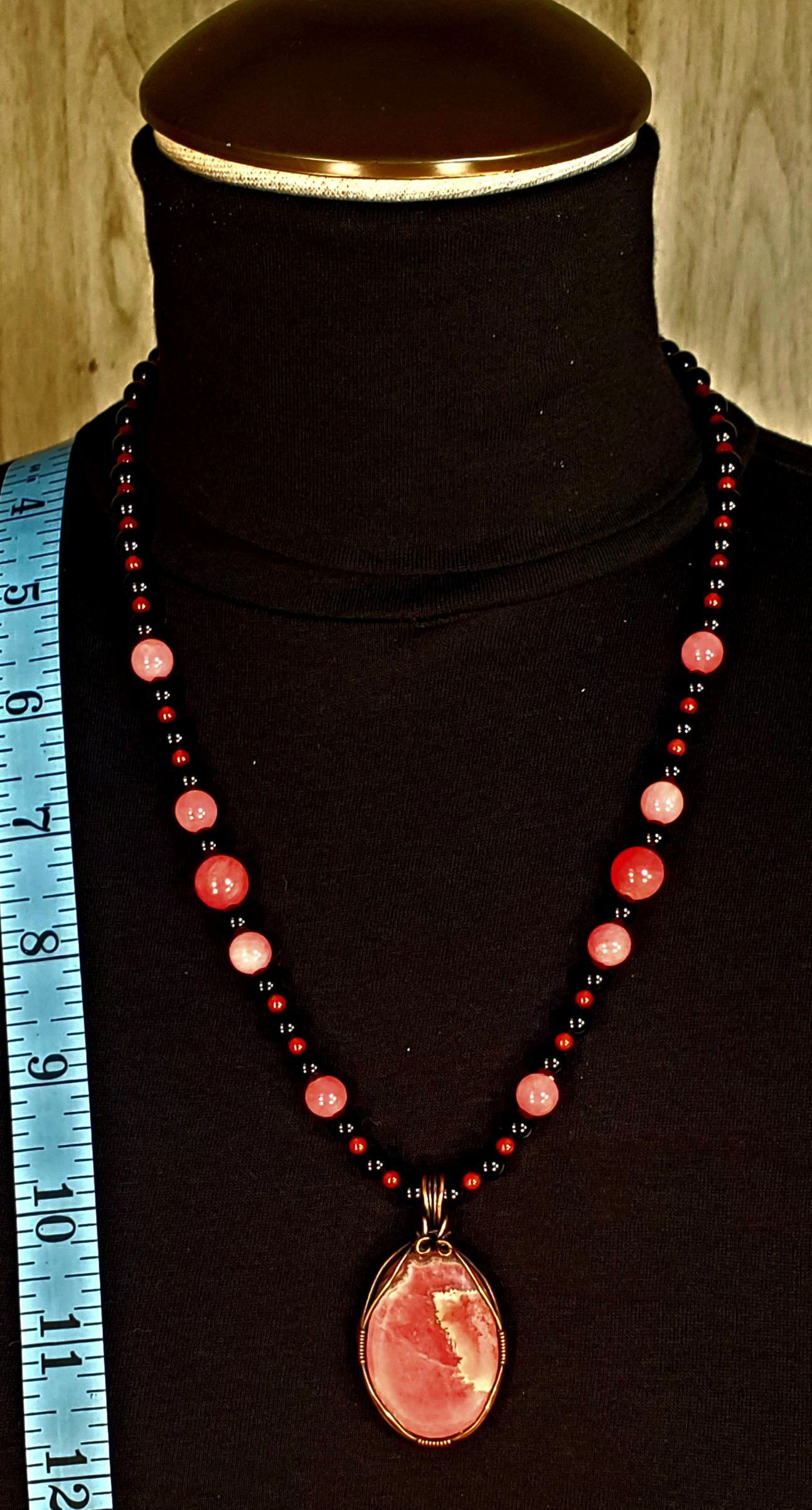 Rhodochrosite Cabochon:  Black Tourmaline, Rose Quarts & Carnelian