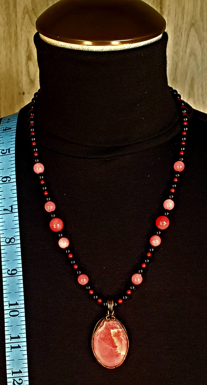 Rhodochrosite Cabochon:  Black Tourmaline, Rose Quarts & Carnelian