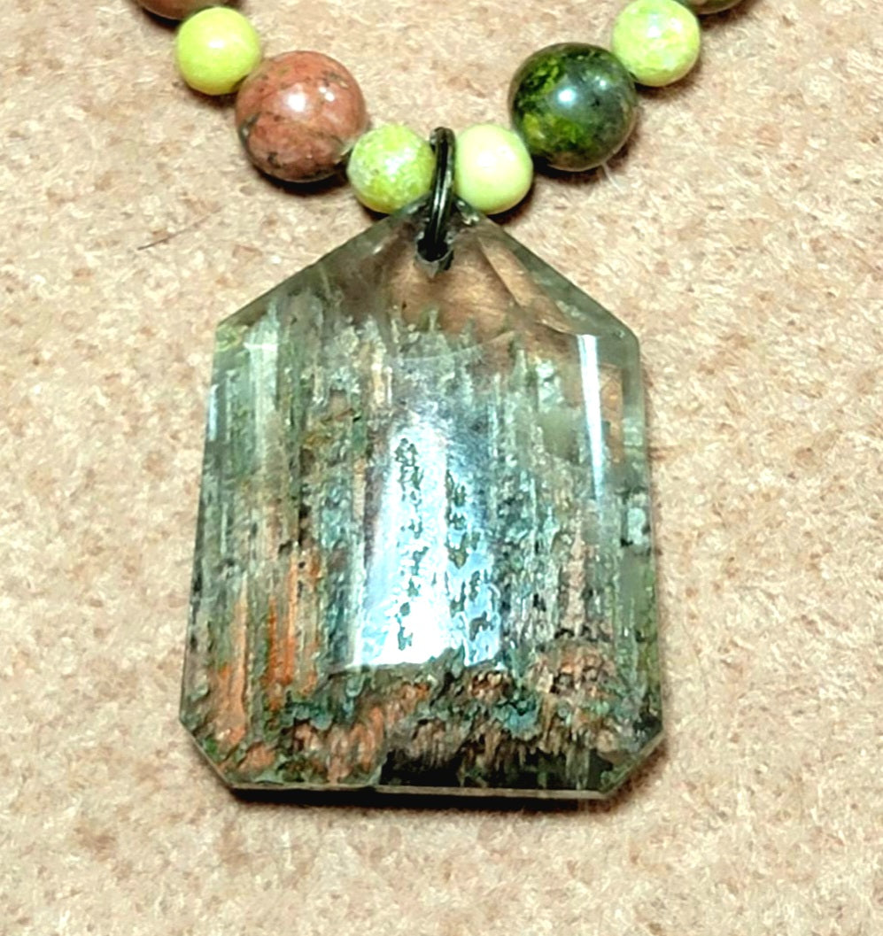 Rutilated Quarts Pendant: Yellow Turquois, Unakite & Bone