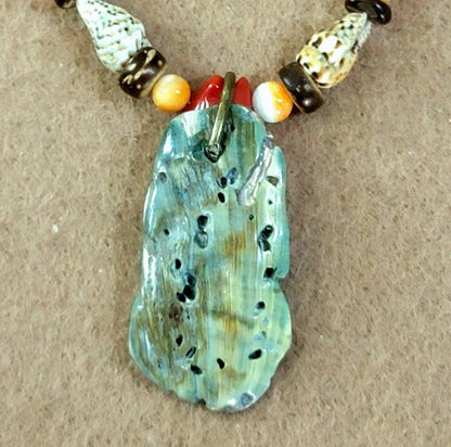 Abalone Pendant:  Oyster Shell, Coral, Shell & Wood