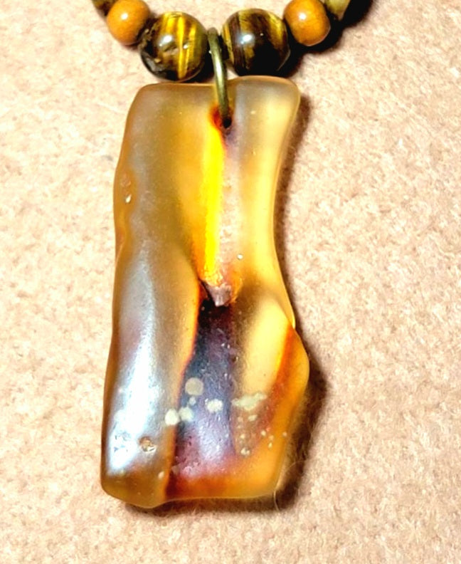 Amber Pendant: Brown Tiger Eye, Bone & Wood