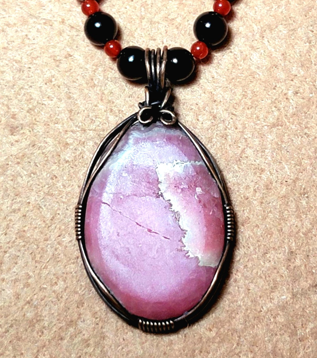 Rhodochrosite Cabochon:  Black Tourmaline, Rose Quarts & Carnelian