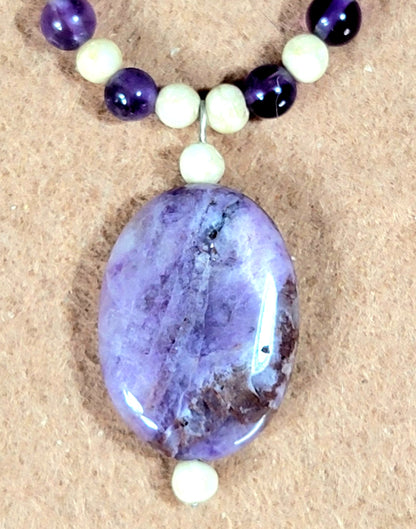 Lepidolite Pendant:  Amethyst, Lepidolite, Bone & Seed