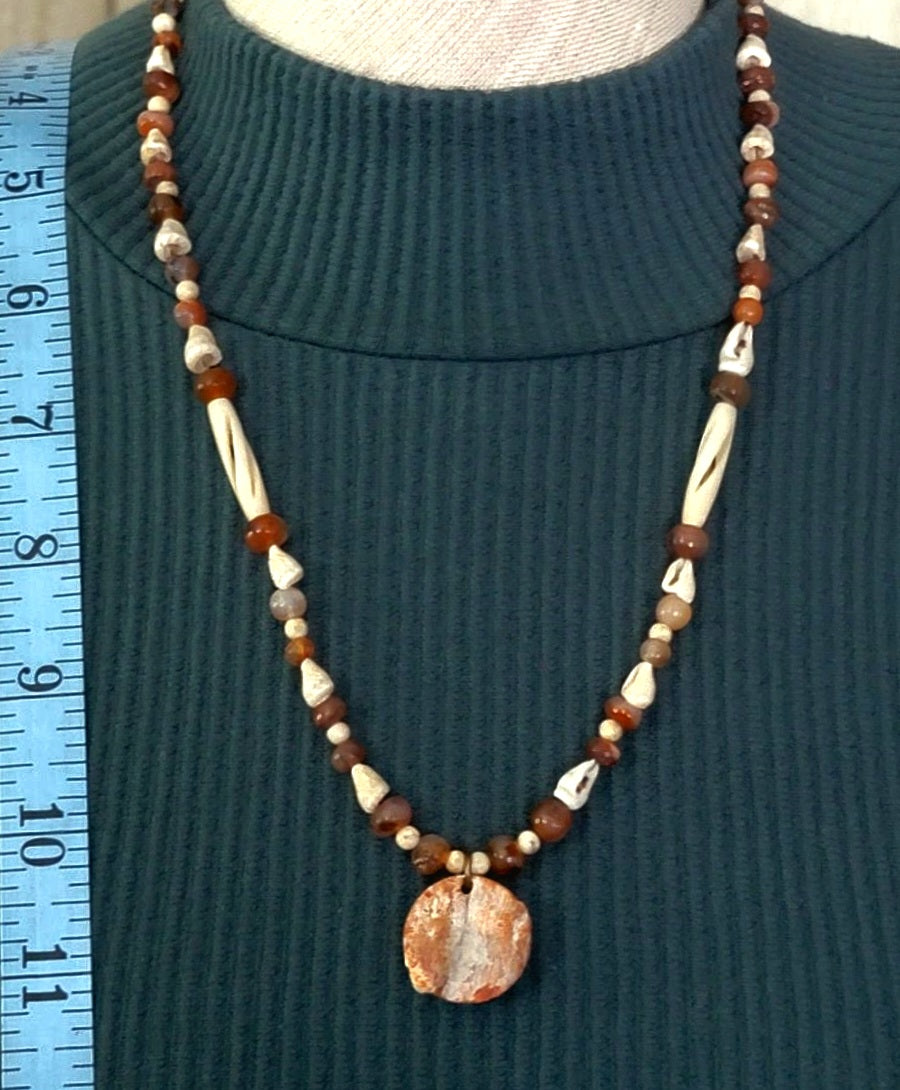 Mother of Pearl Button Pendant:  Agate, Bone, Shell & Seed