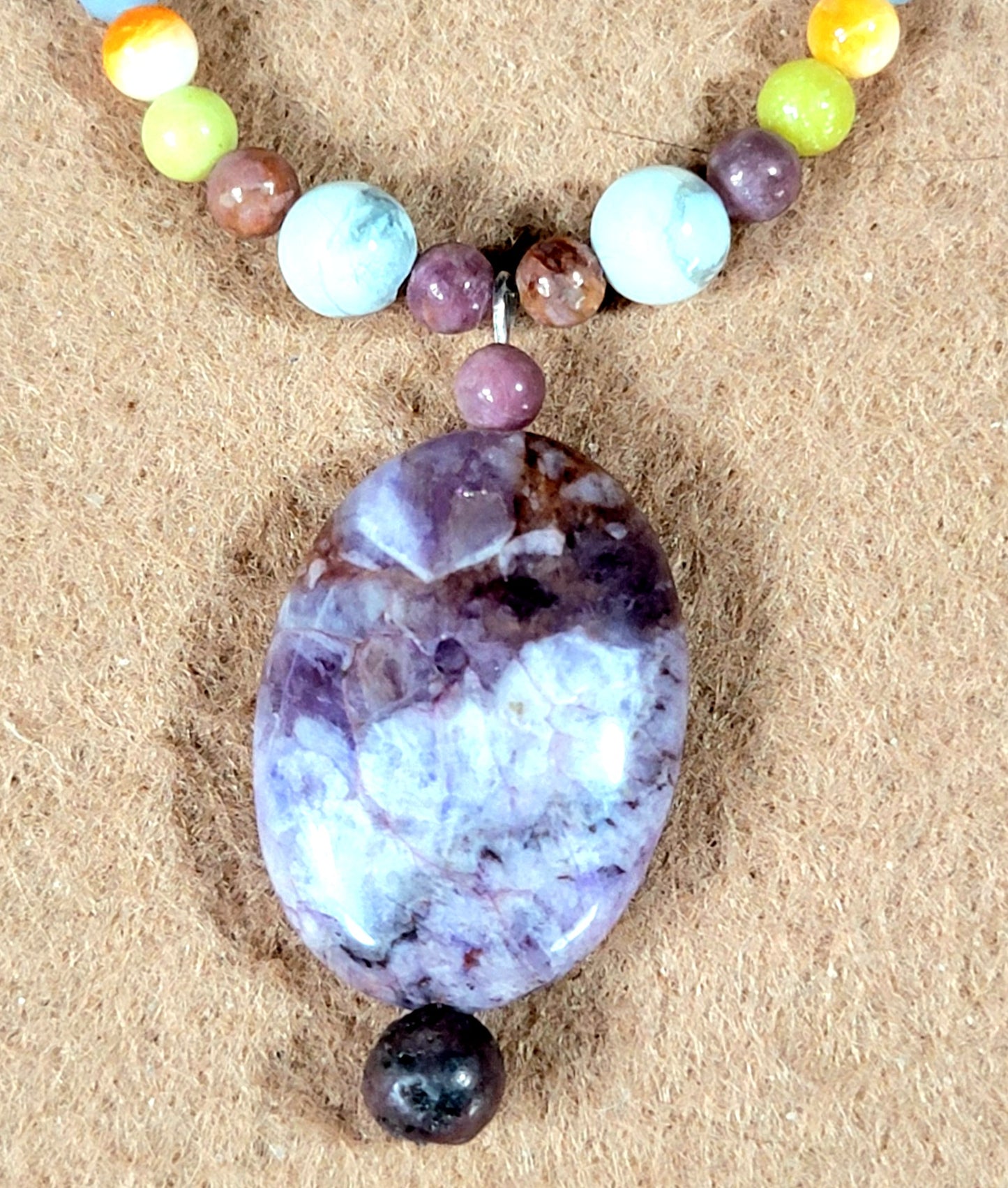 Lepidolite Pendant:  Amethyst, Lepidolite, Bone & Seed