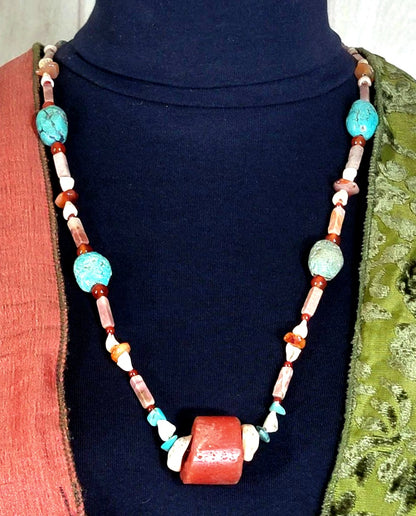 Coral center bead: Turquoise, Rhodonite, Coral, Carnelian, Shell & Bone