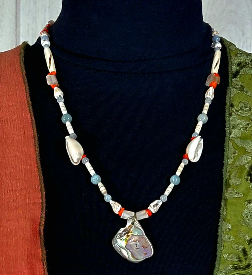 Abalone Pendant: Aquamarine, Angelite, Coral, Bone and Shell