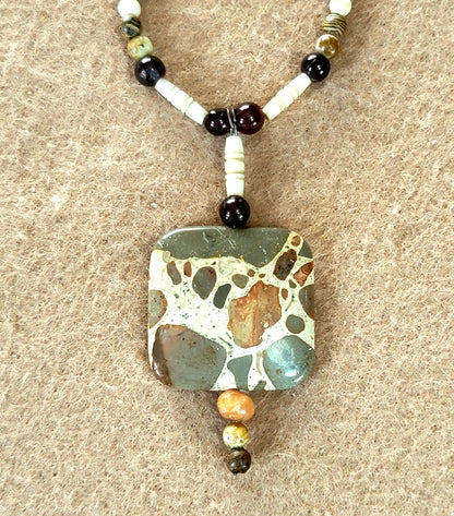 Safari Jasper Drop Bead: Garnet, Jasper, Bone, Shell & Seed. Creating an earthly balanced necklace.