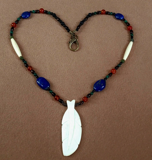 White Feather Pendant:  Aventurine, Malachite, Carnelian, Lapis, Lava & Bone