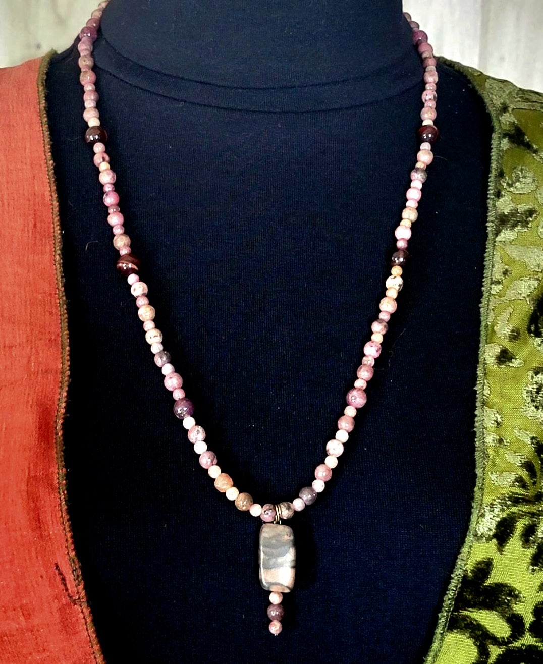 Rhodonite Drop Bead: Tourmaline, Red Tiger Eye & Rhodonite