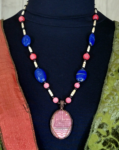 Rhodochrosite Cabochon:  Rose Quarts, Lapis & Bone