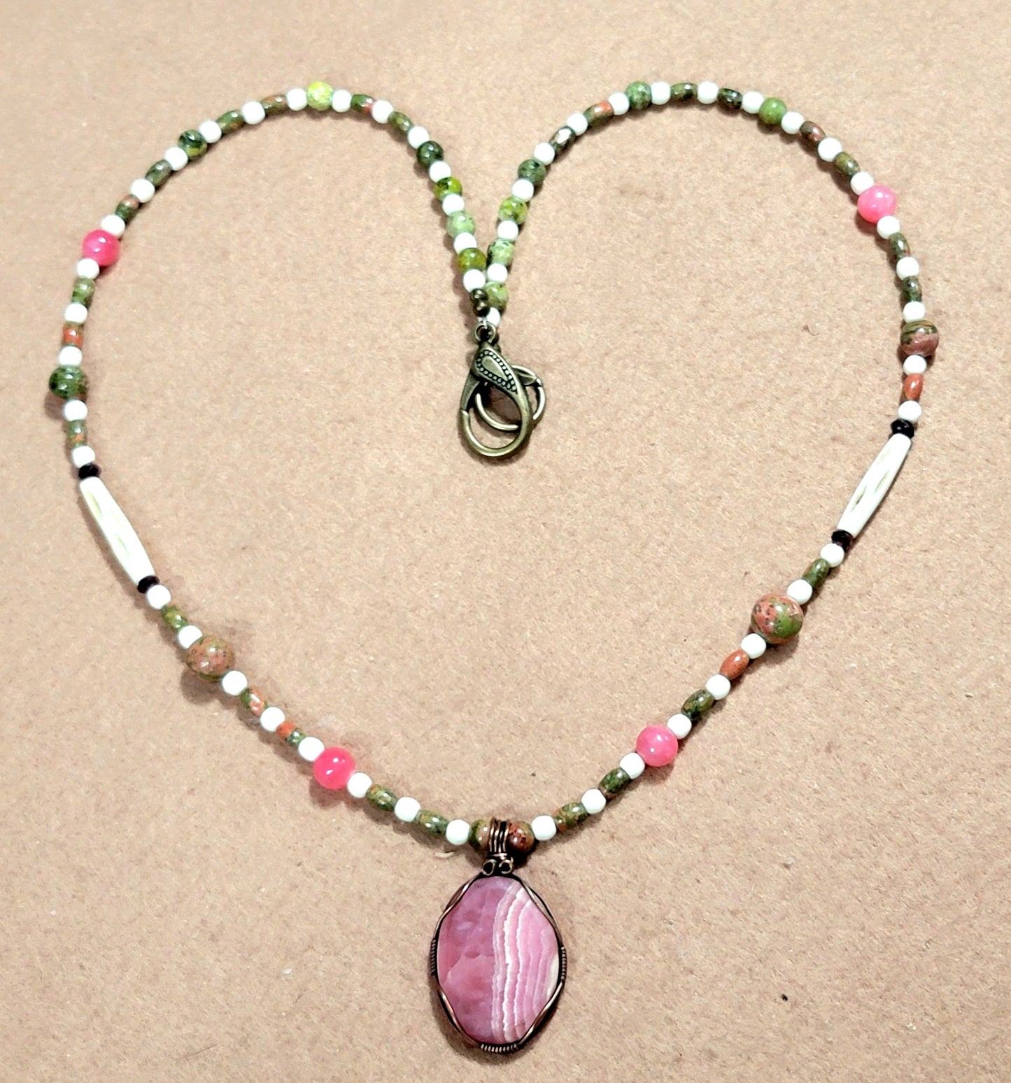 Rhodochrosite Cabochon: Unikite, Rose Quartz, Garnet & Bone