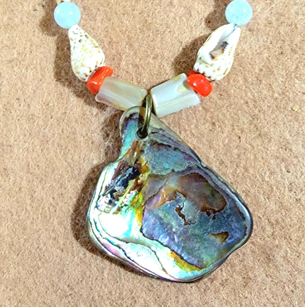 Abalone Pendant: Aquamarine, Angelite, Coral, Bone and Shell