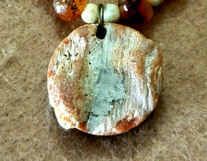 Mother of Pearl Button Pendant:  Agate, Bone, Shell & Seed