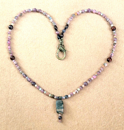 Rhodonite Drop Bead: Tourmaline, Red Tiger Eye & Rhodonite