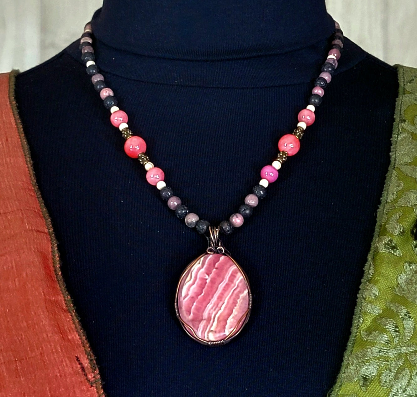 Rhodochrosite Cabochon:  Rose Quarts, Rhodonite, Lava & Seed