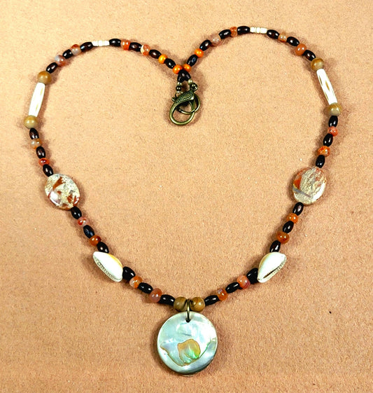 Mother Of Pearl Button Pendant:  Carnelian, Cappuccino Jasper, Bone & Shell