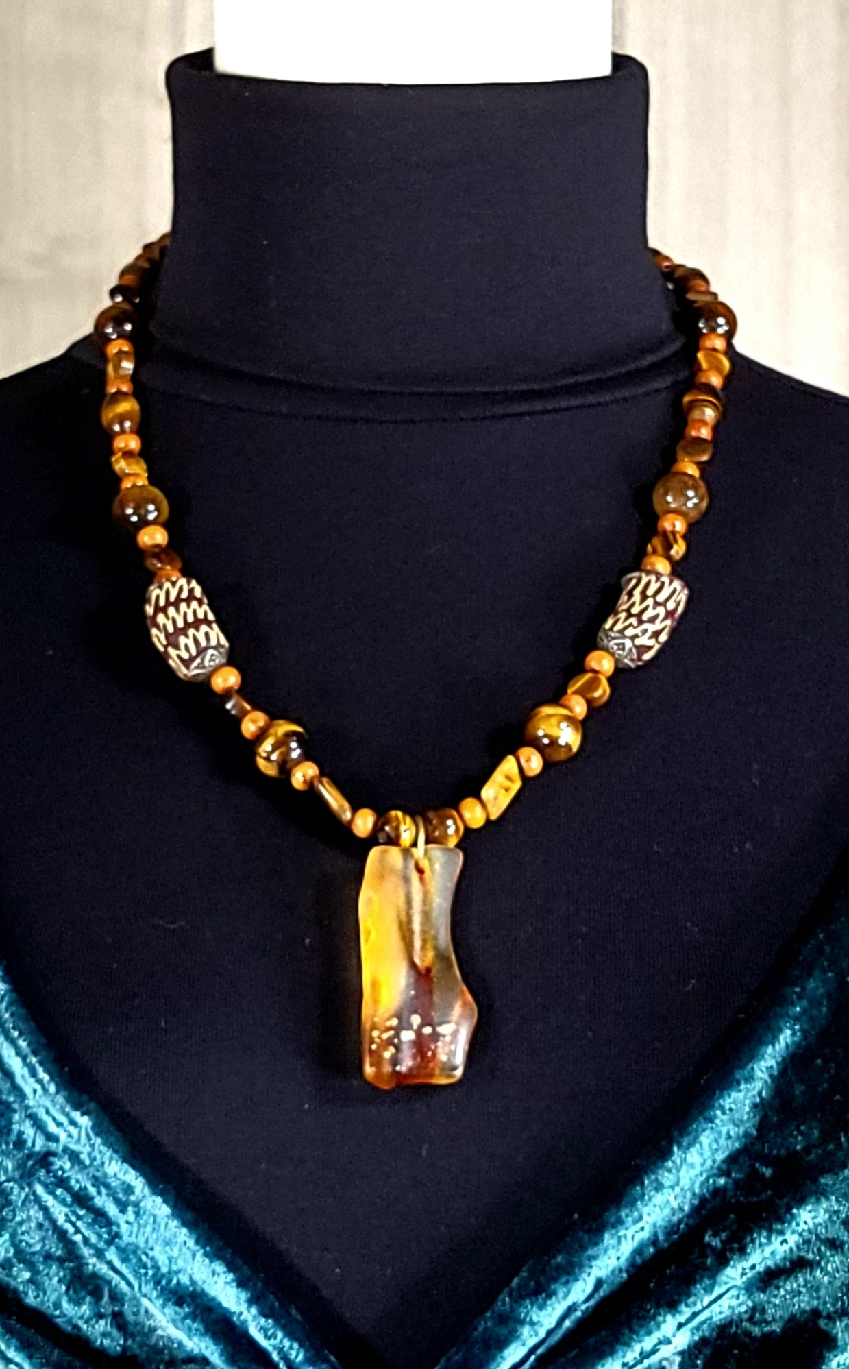 Amber Pendant: Brown Tiger Eye, Bone & Wood