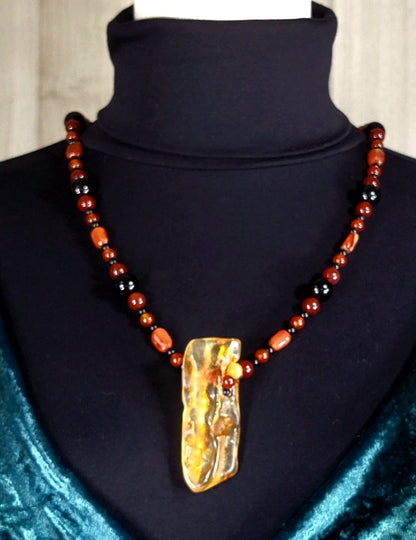 Amber Pendant:  Carnelian & Black Onyx