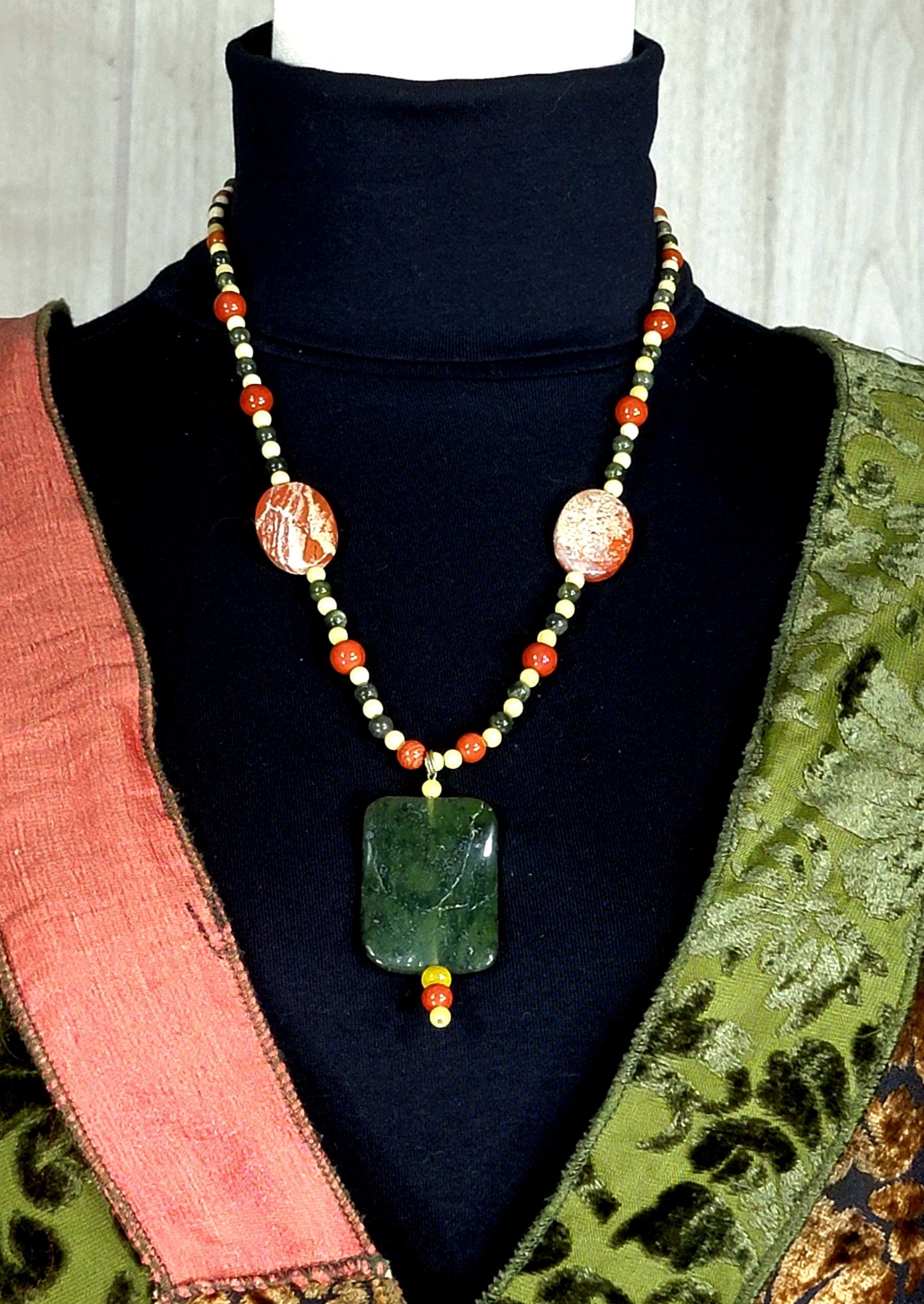 Jade Ribbon Drop Bead:                   Cappuccino Jasper, Red Jasper & Yellow Turquoise.