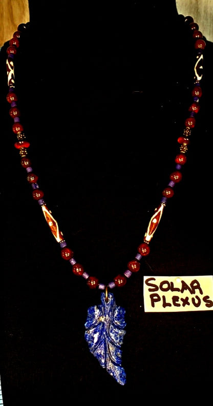 Lapis Leaf Pendant: Bone, Red Jasper  & Red Tiger Eye