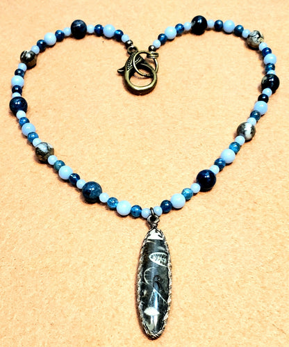 Fossilized Coral Pendant: Angelite, Apatite & Pyrite