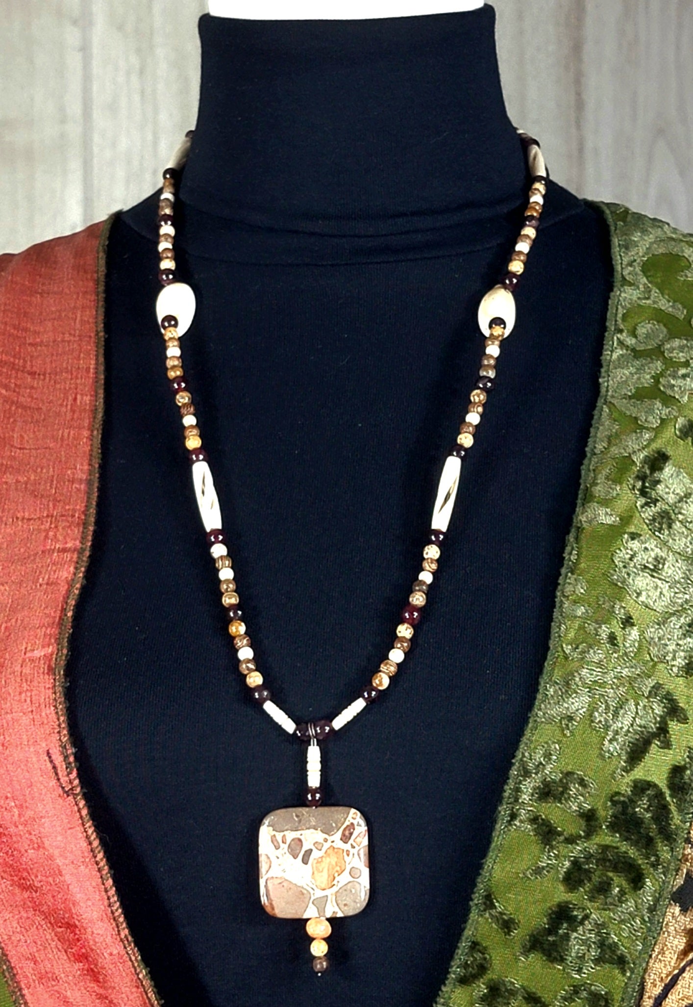 Safari Jasper Drop Bead: Garnet, Jasper, Bone, Shell & Seed. Creating an earthly balanced necklace.