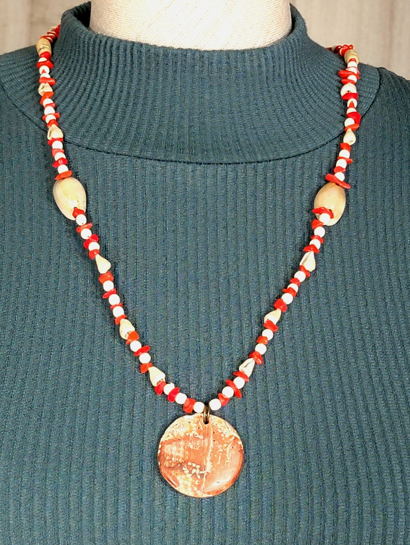 Mother of Pearl Button Pendant: Skull Bone, Coral & Shell.